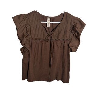 Dolan Blouse Women's Small Brown V-Neck Ruffle Tie Short Sleeve Casual Top